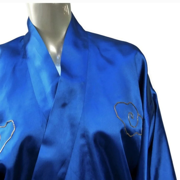 Vtg Cobalt Blue Satin Sea Serpent Landscape Embroidered‎ Kimono Fully Lined - Picture 3 of 12